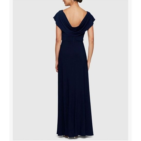Alex Evenings Navy Blue Beaded Ruched Gown Size 16P Elegant Evening Maxi Dress - Picture 2 of 15